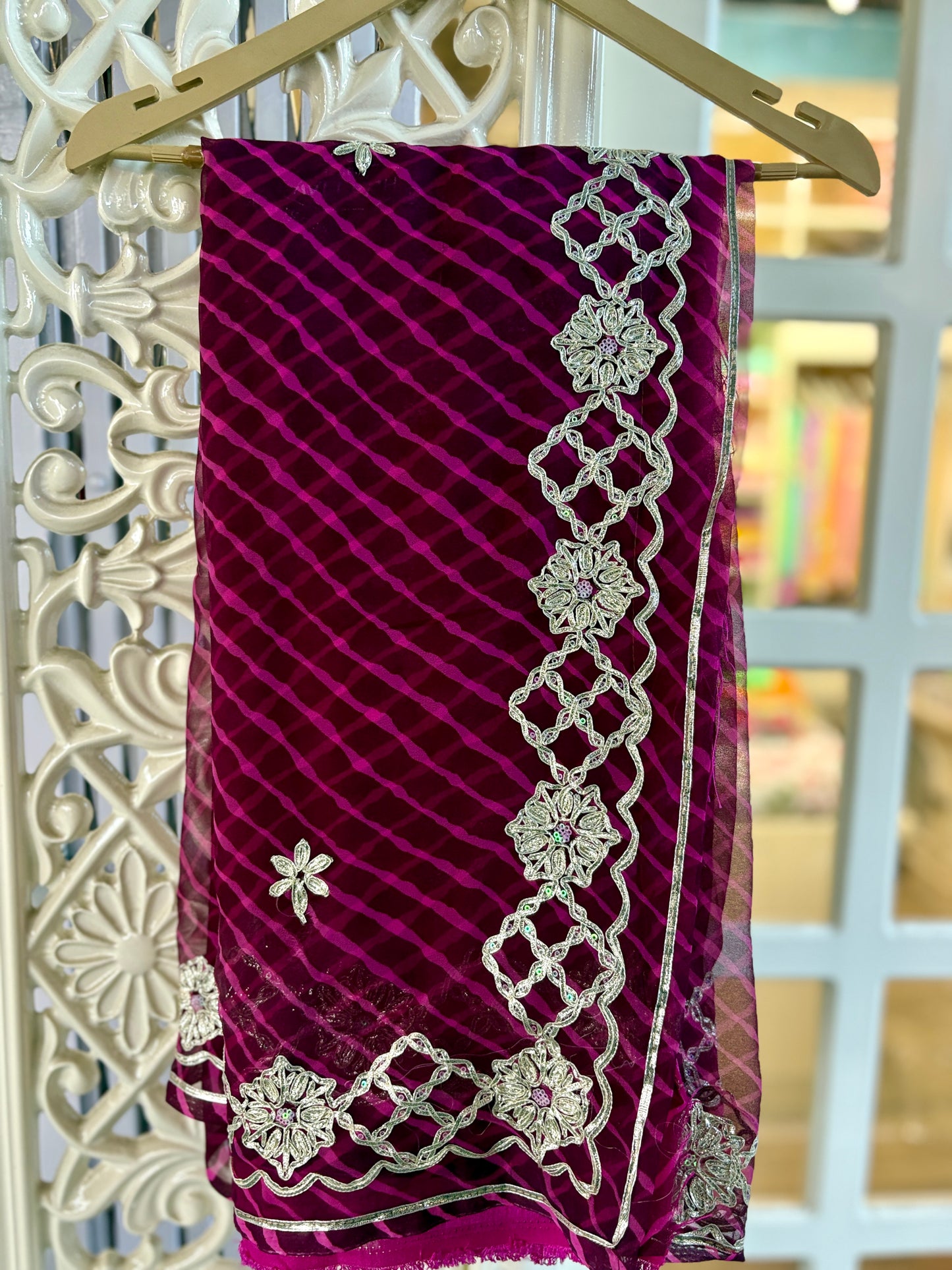 Magenta pink Lehriya with laddu design Gota Anvi