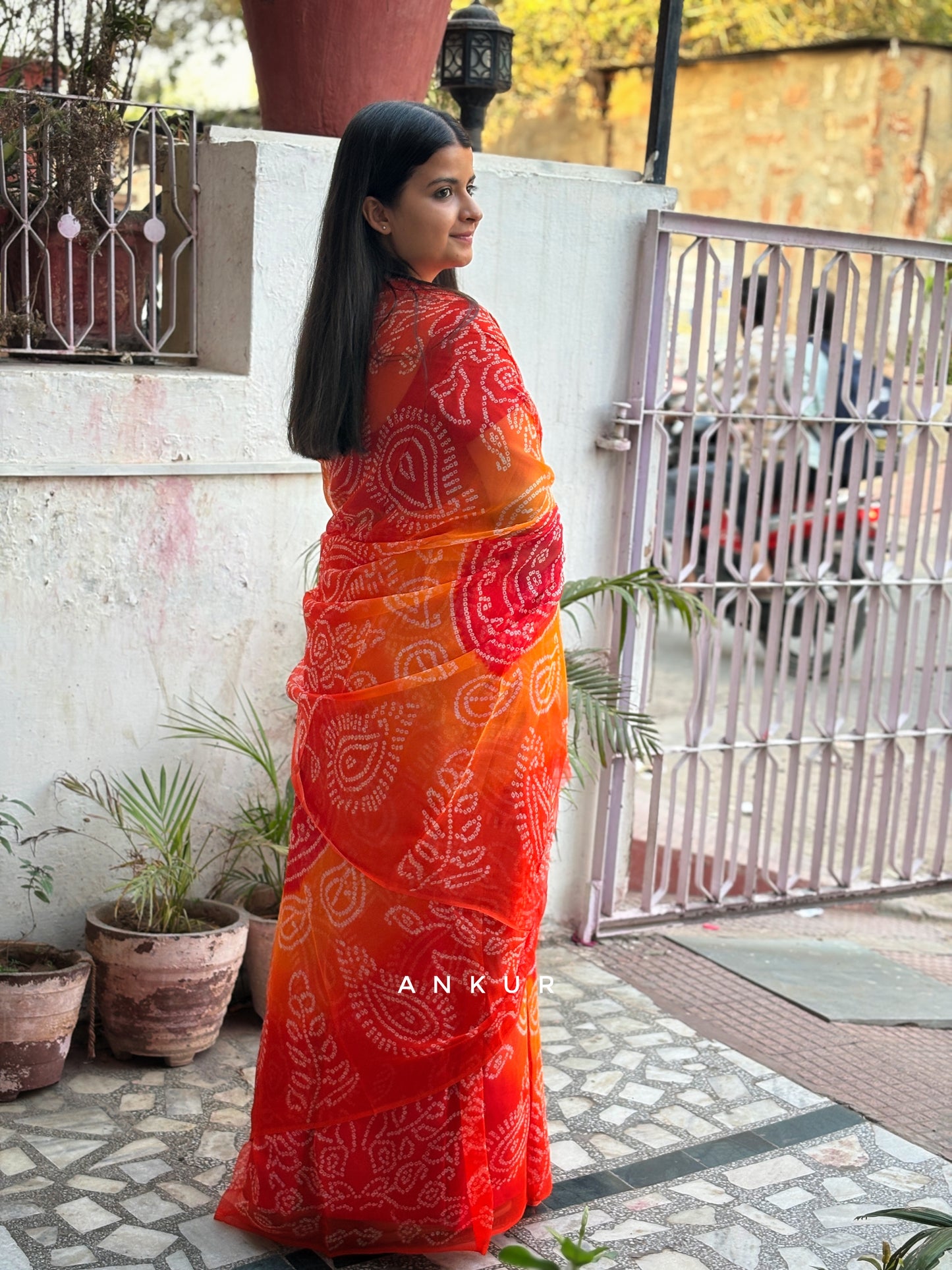 Bandhani Orange shade Isha Pure Chiffon
