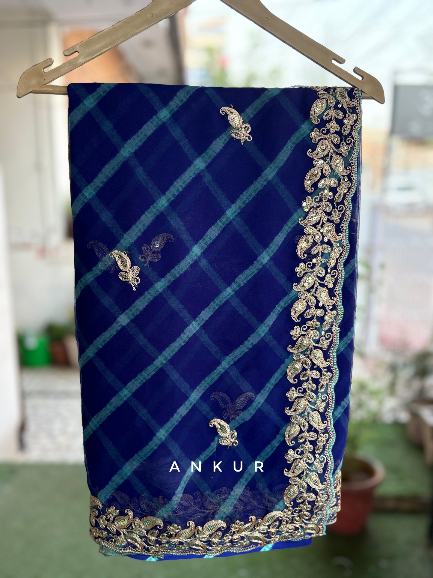 Peacock Blue Lehriya Zardozi Nagina