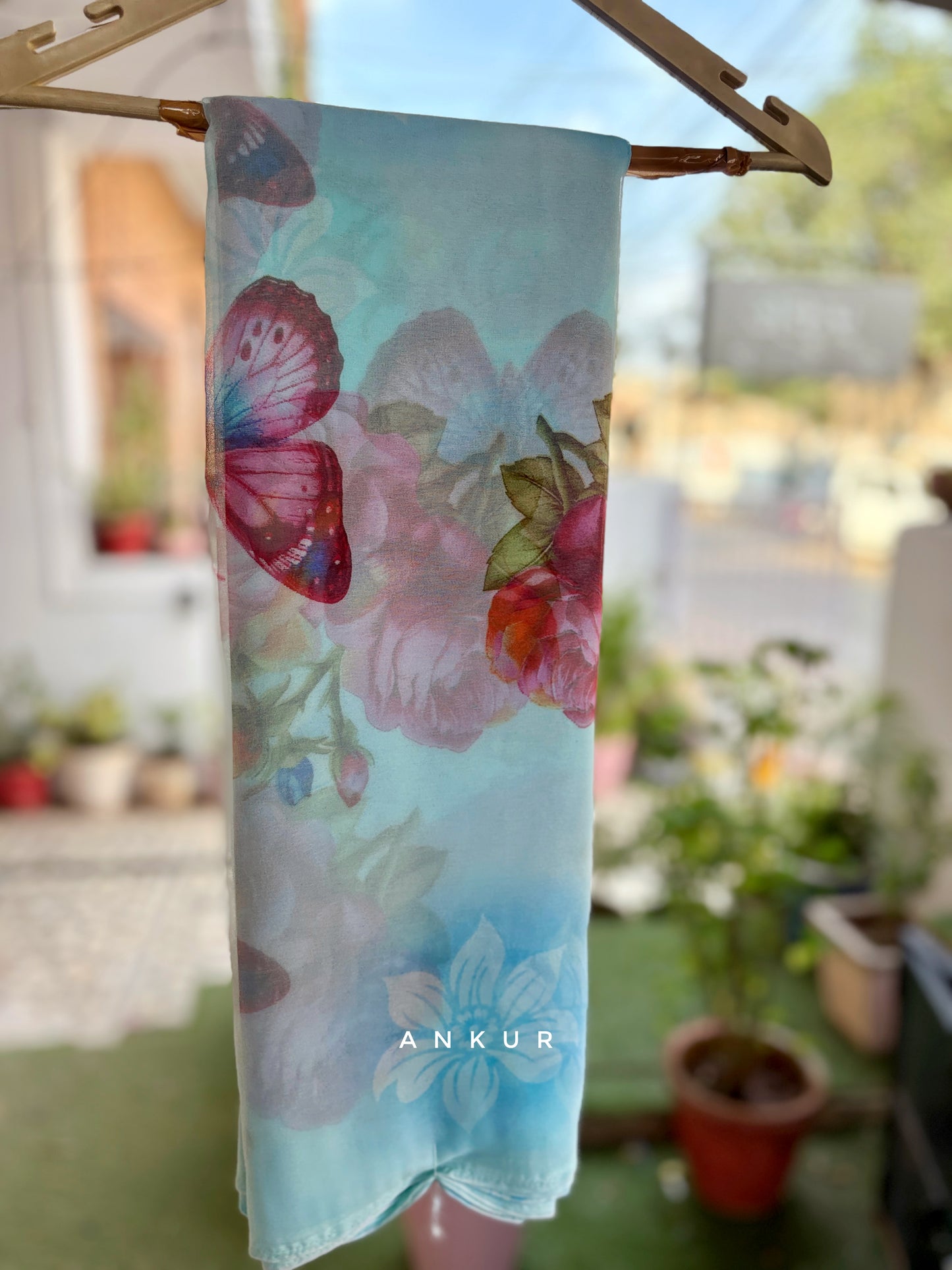 Sky Blue Butterfly Flower Print
