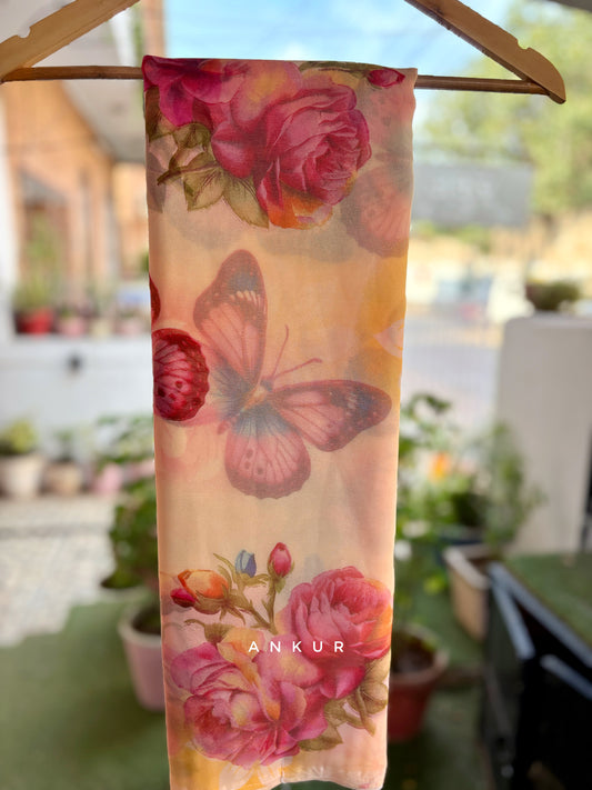 Peach Pink Butterfly Flower Print