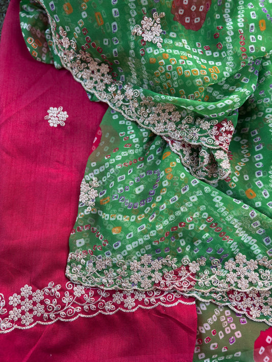 Green bhandani with Cut work Zari Border