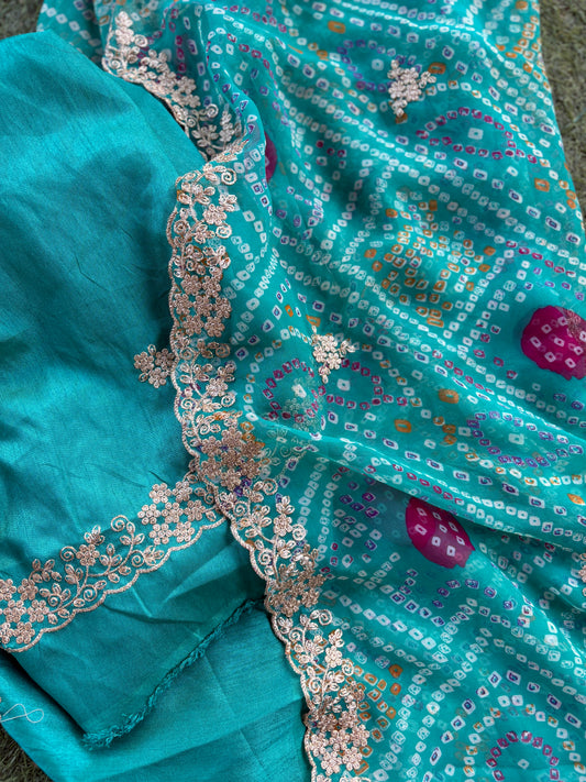 Rama green bhandani with Cut work Zari Border
