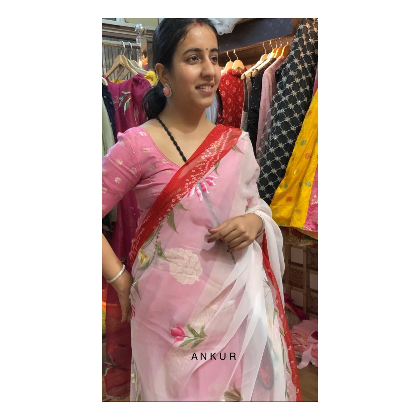 Hand Painted Red Faganiya Saree