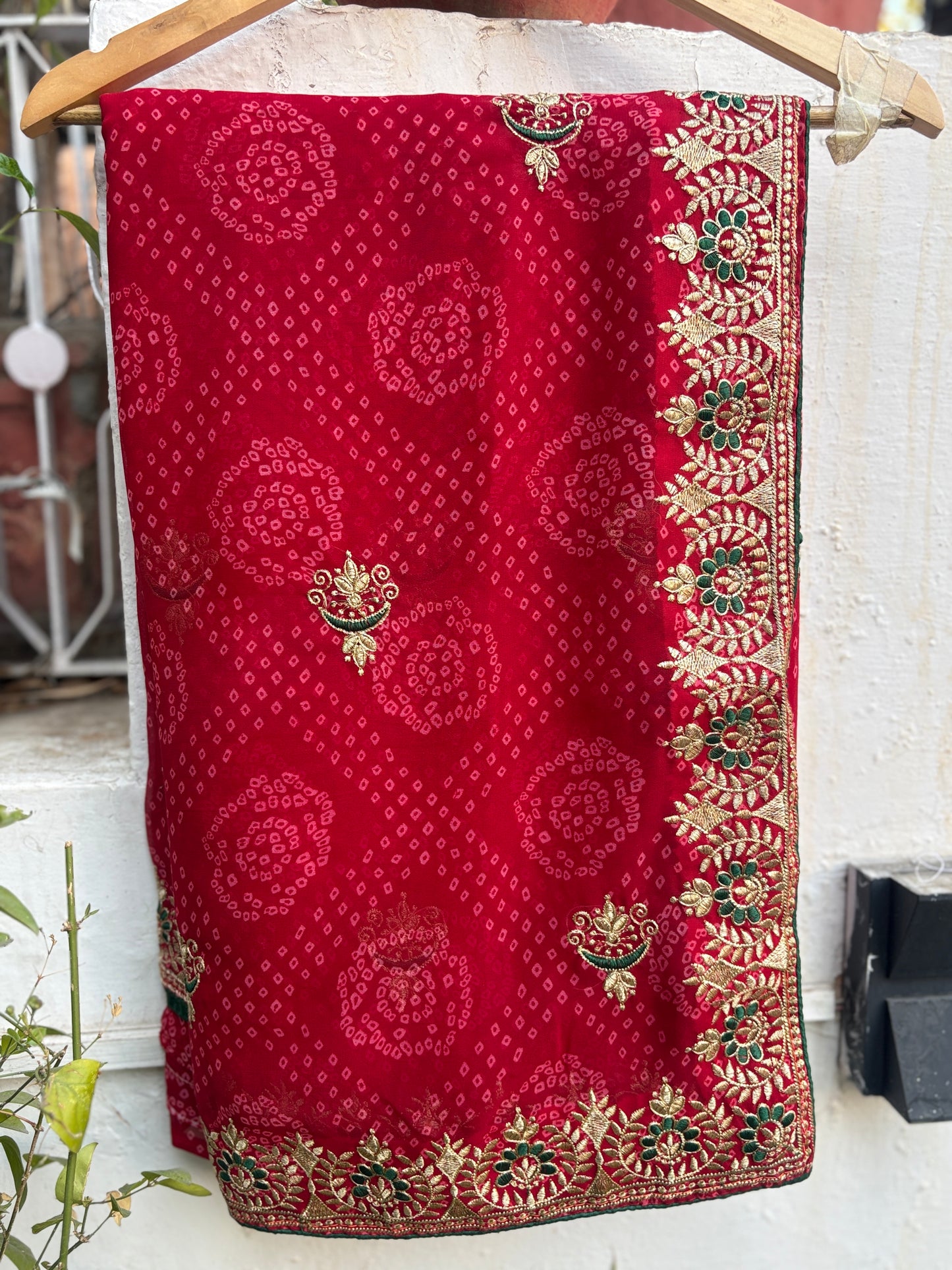 Red Bandhani Saree With Border Design