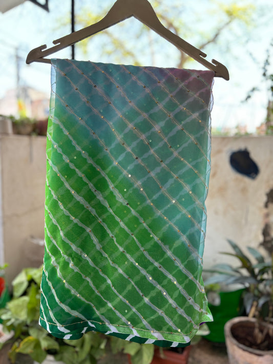 Four colour Shaded Green to wine Lehriya Zari Work