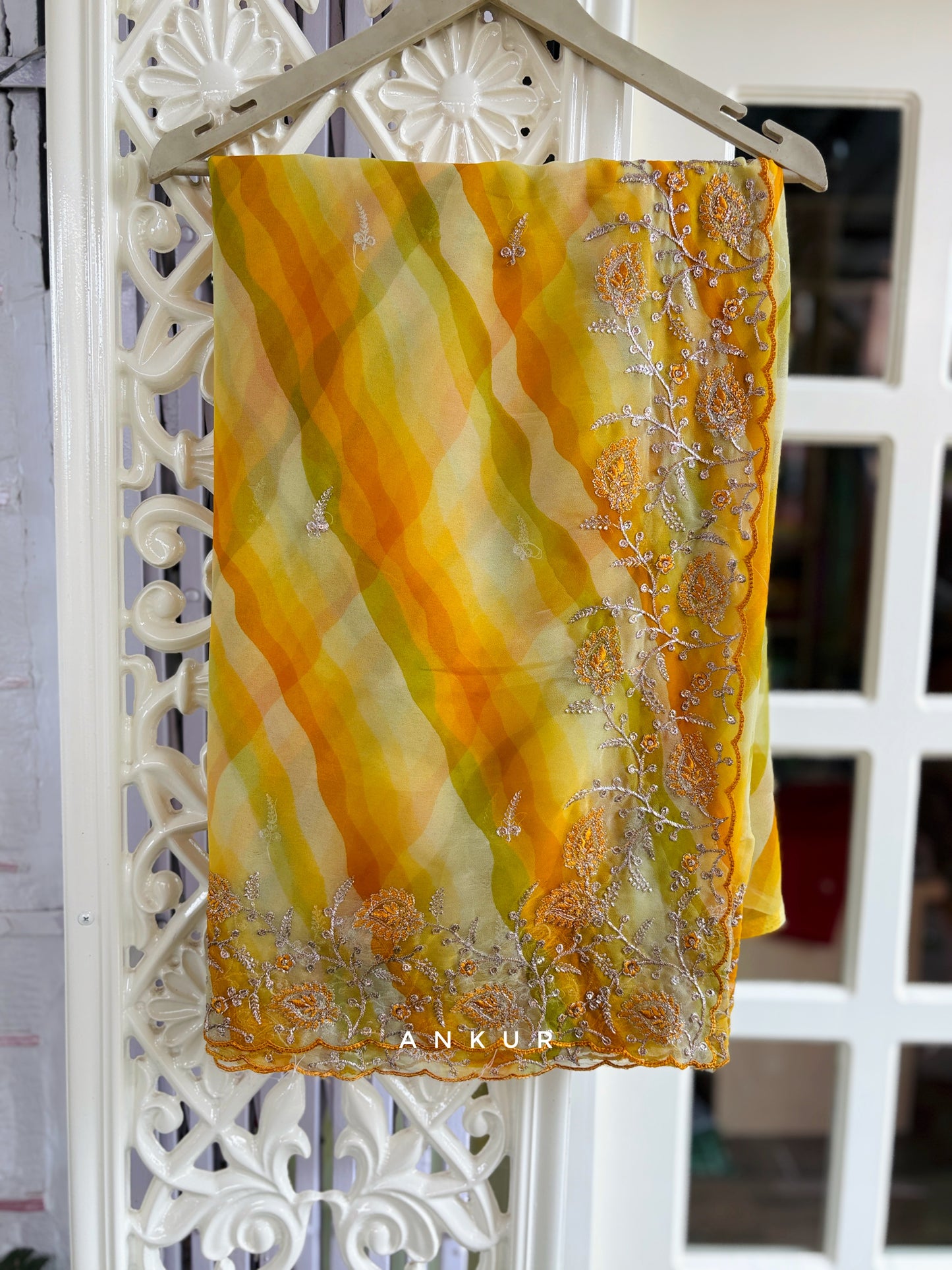 Yellow shaded with double Lehriya Zardozi Nagina