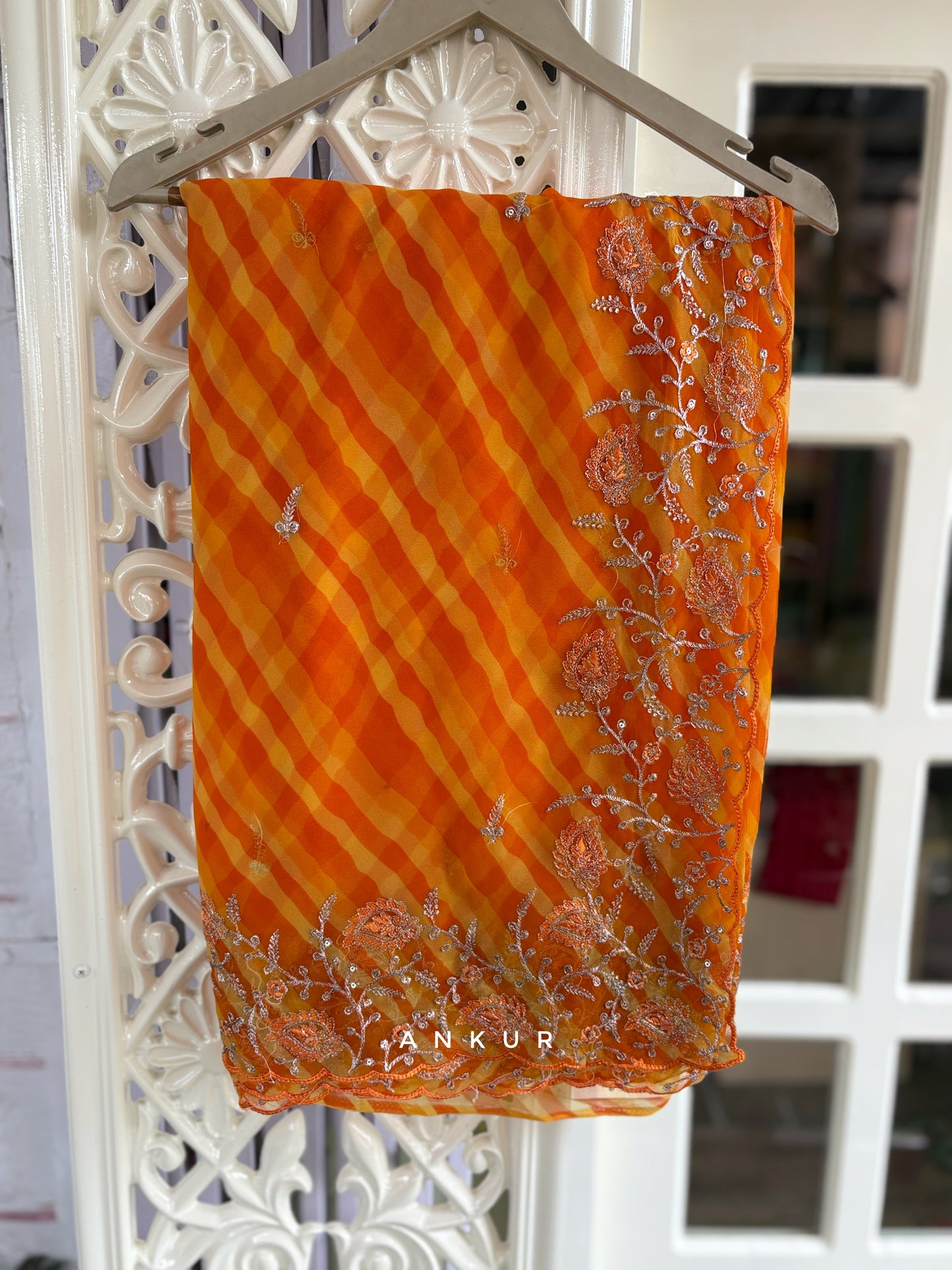 Yellow Orange with double Lehriya Zardozi Nagina