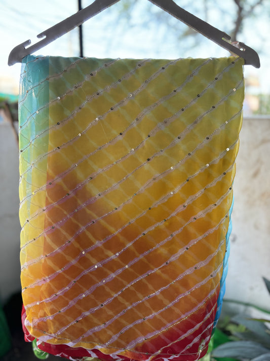 Four colour Shaded Blue to Orange Lehriya Zari Work