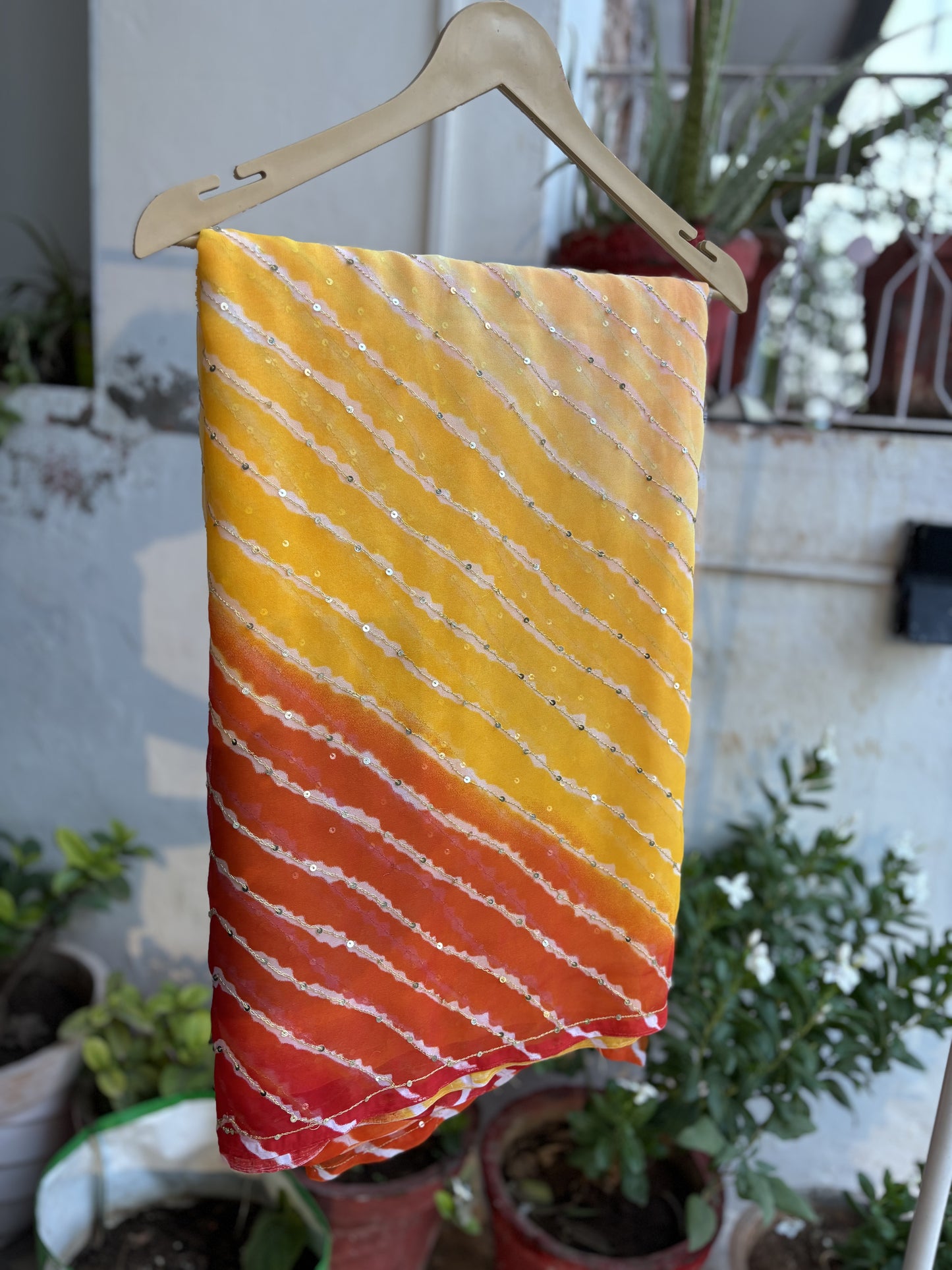 Four colour Shaded Yellow to Orange Lehriya Zari Work