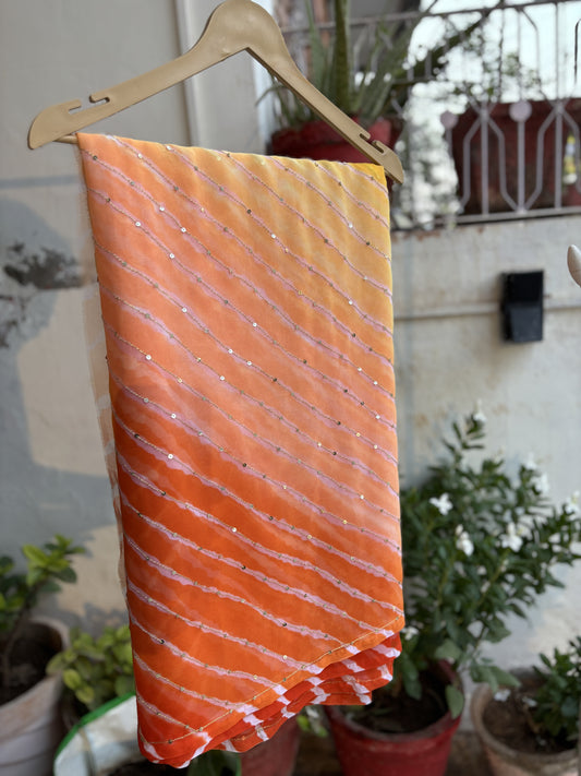 Four colour Shaded Yellow to Orange Lehriya Zari Work