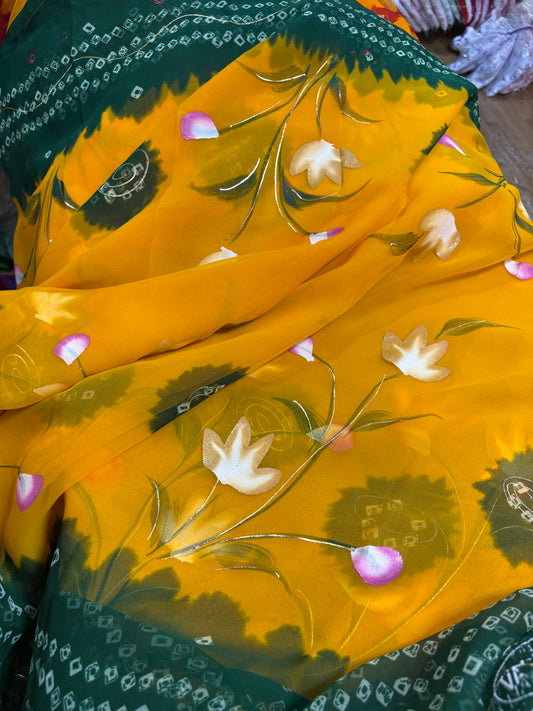 Hand Painted Yellow Green Faganiya Saree