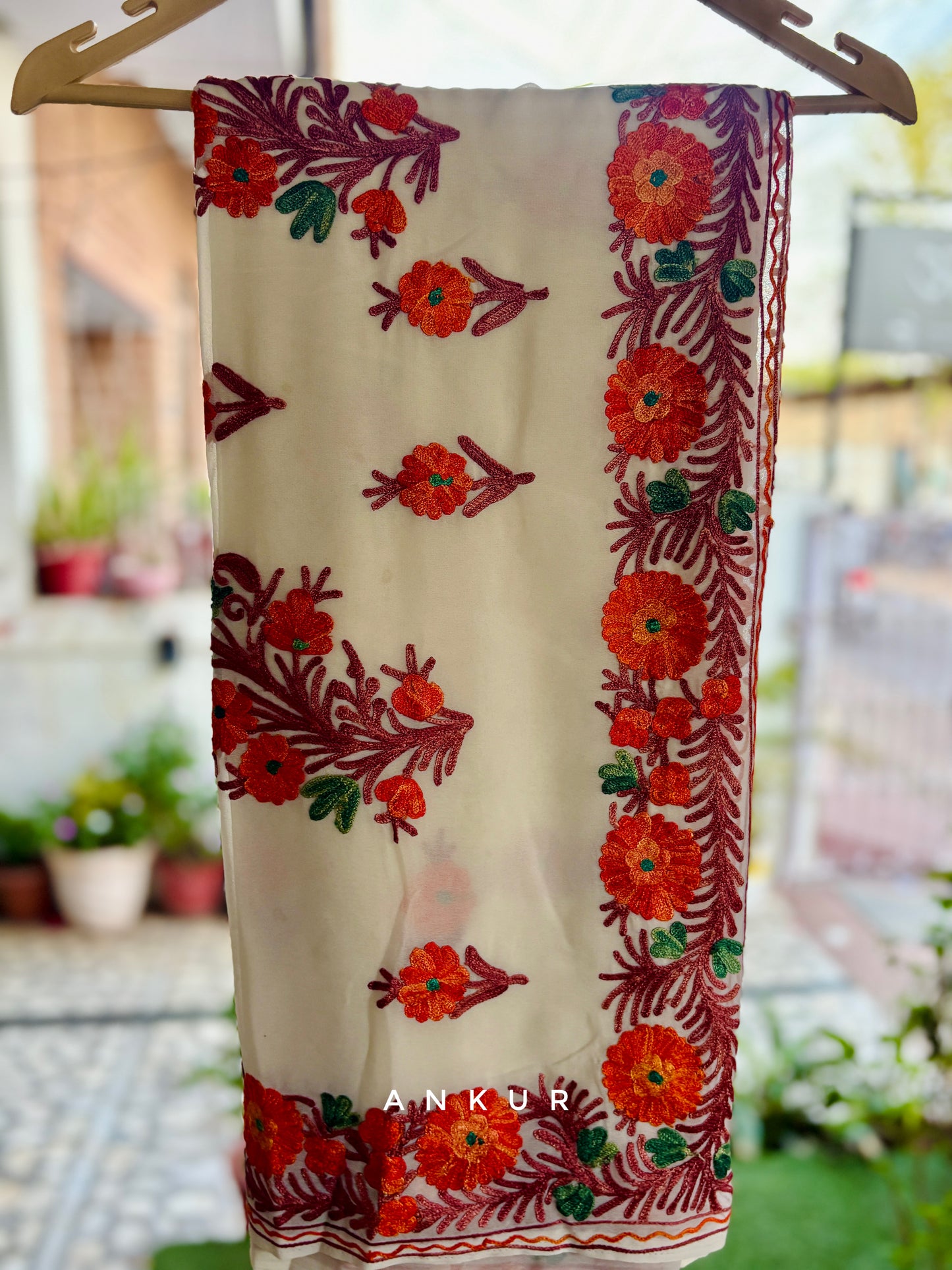 Cream Bordered orange flower Kashmiri Ari work