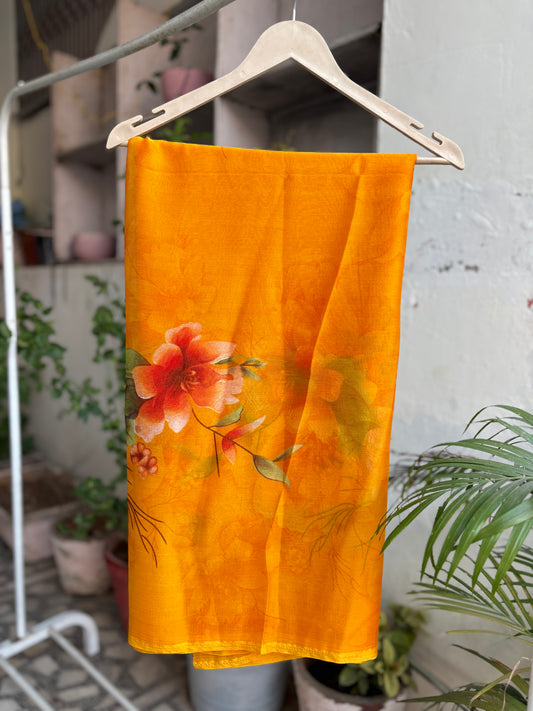 Yellow Crep Big Flower Silk saree