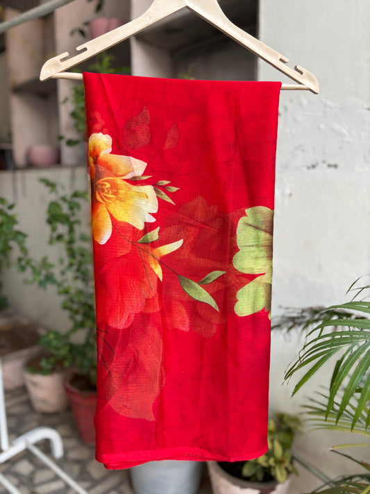 Red Crep Big Flower Silk saree