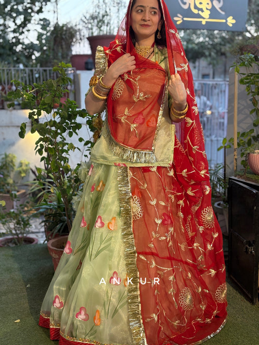 Green with Red Rajputi Poshak