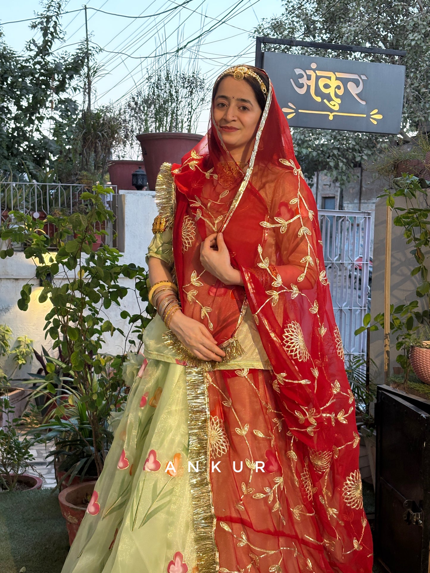 Green with Red Rajputi Poshak