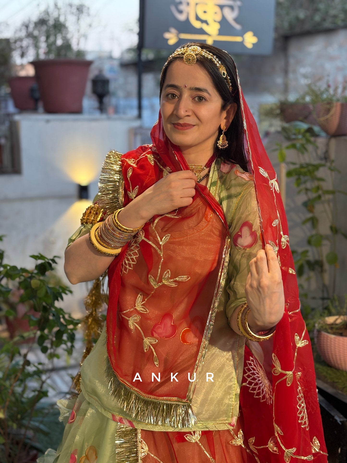 Green with Red Rajputi Poshak