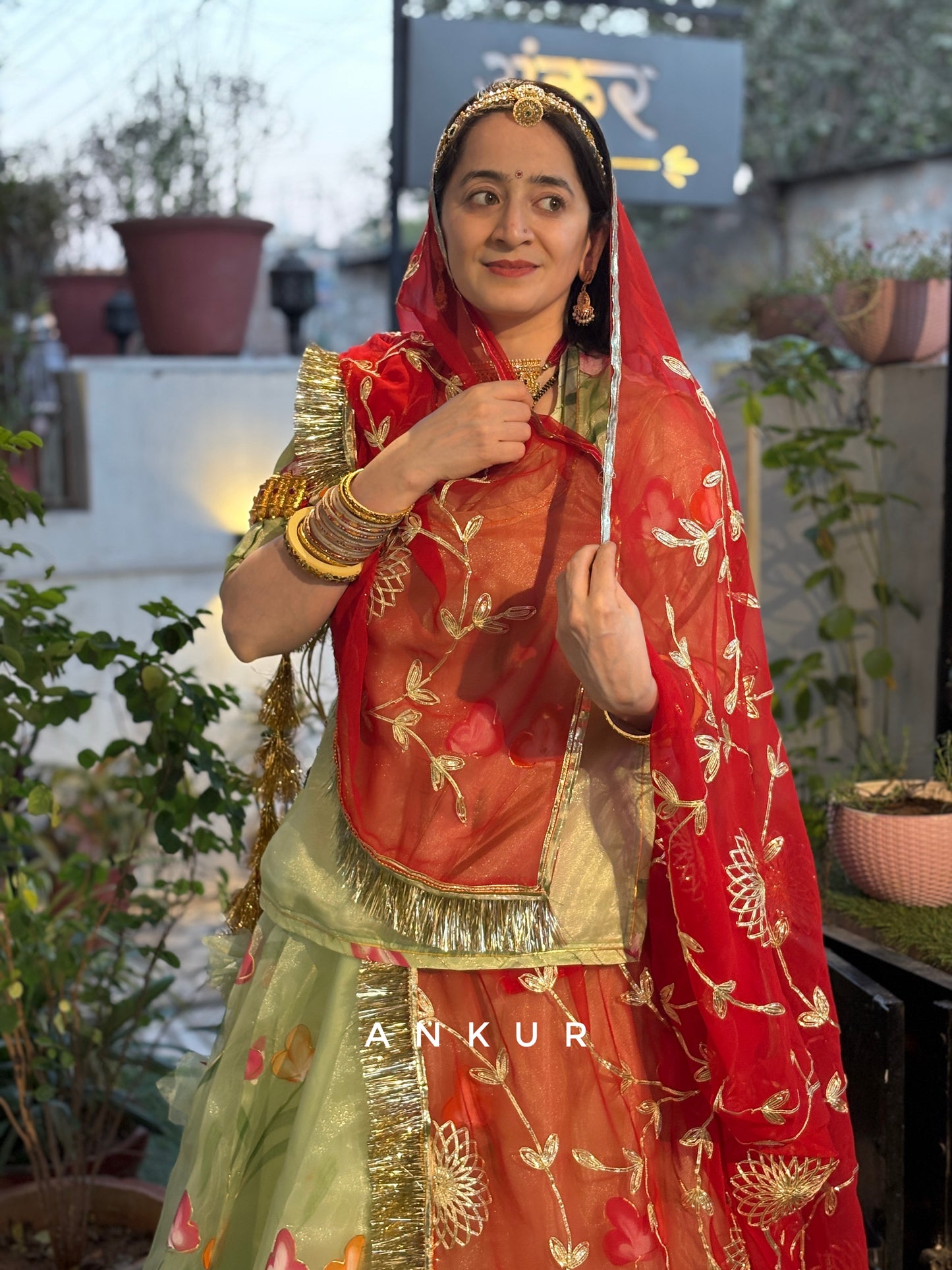 Green with Red Rajputi Poshak