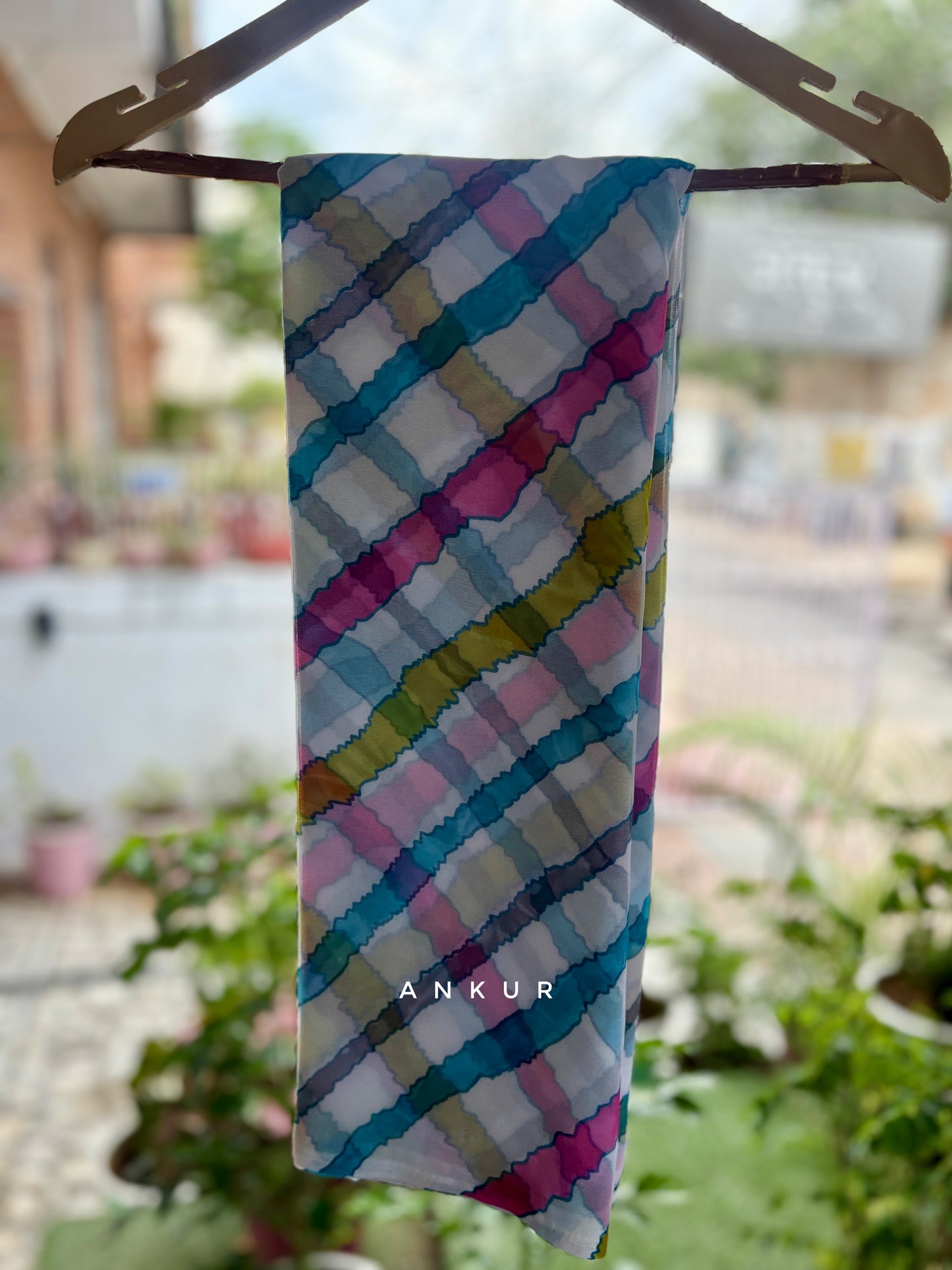 Blue pink green lines White Shade Lehriya