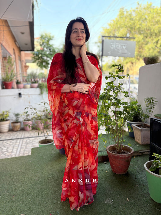 Crimson Leaf Glow Vintage Isha Chiffon