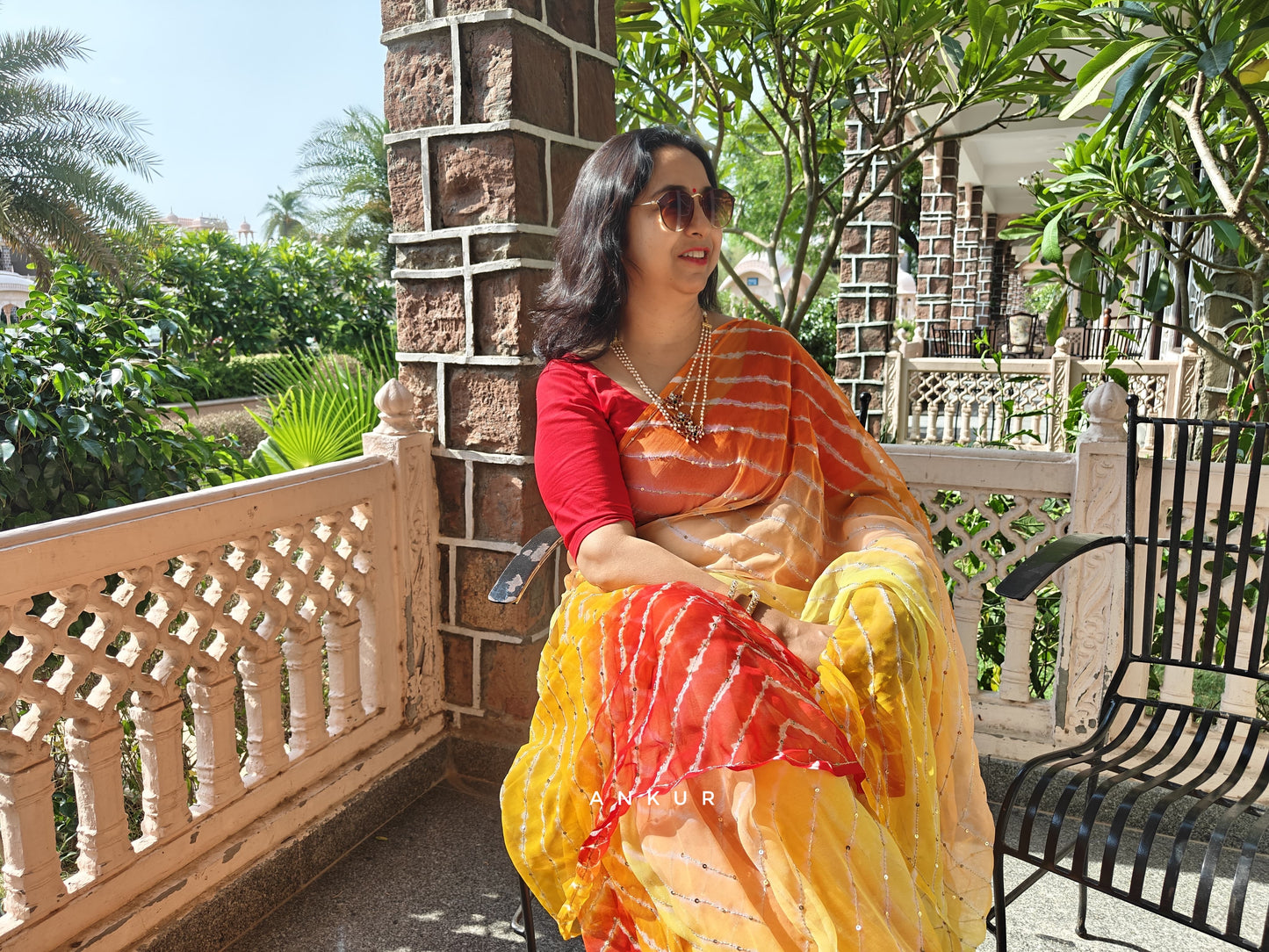 Four colour Shaded Yellow to Orange Lehriya Zari Work