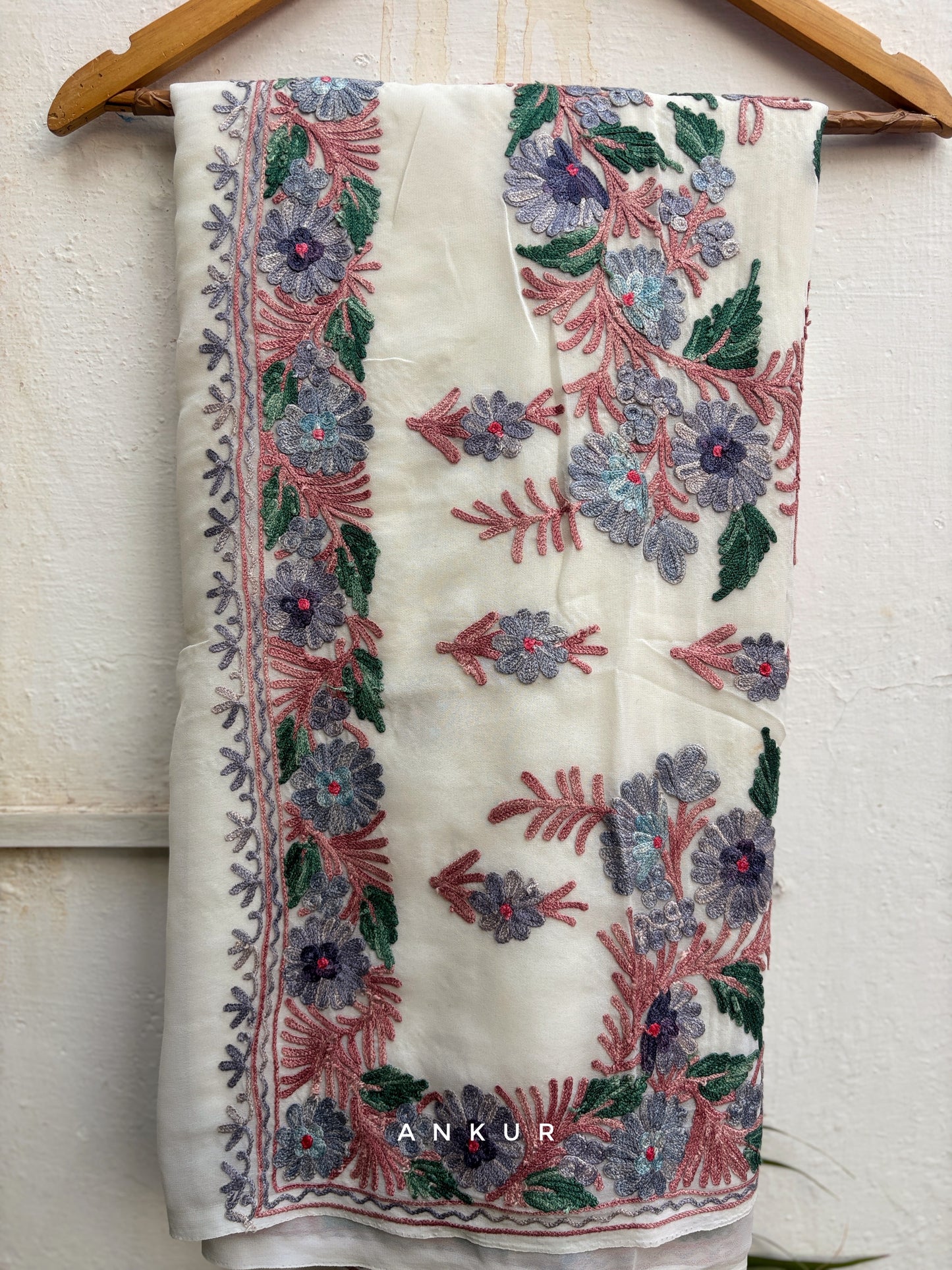 Cream Bordered bluish flower Kashmiri Ari work