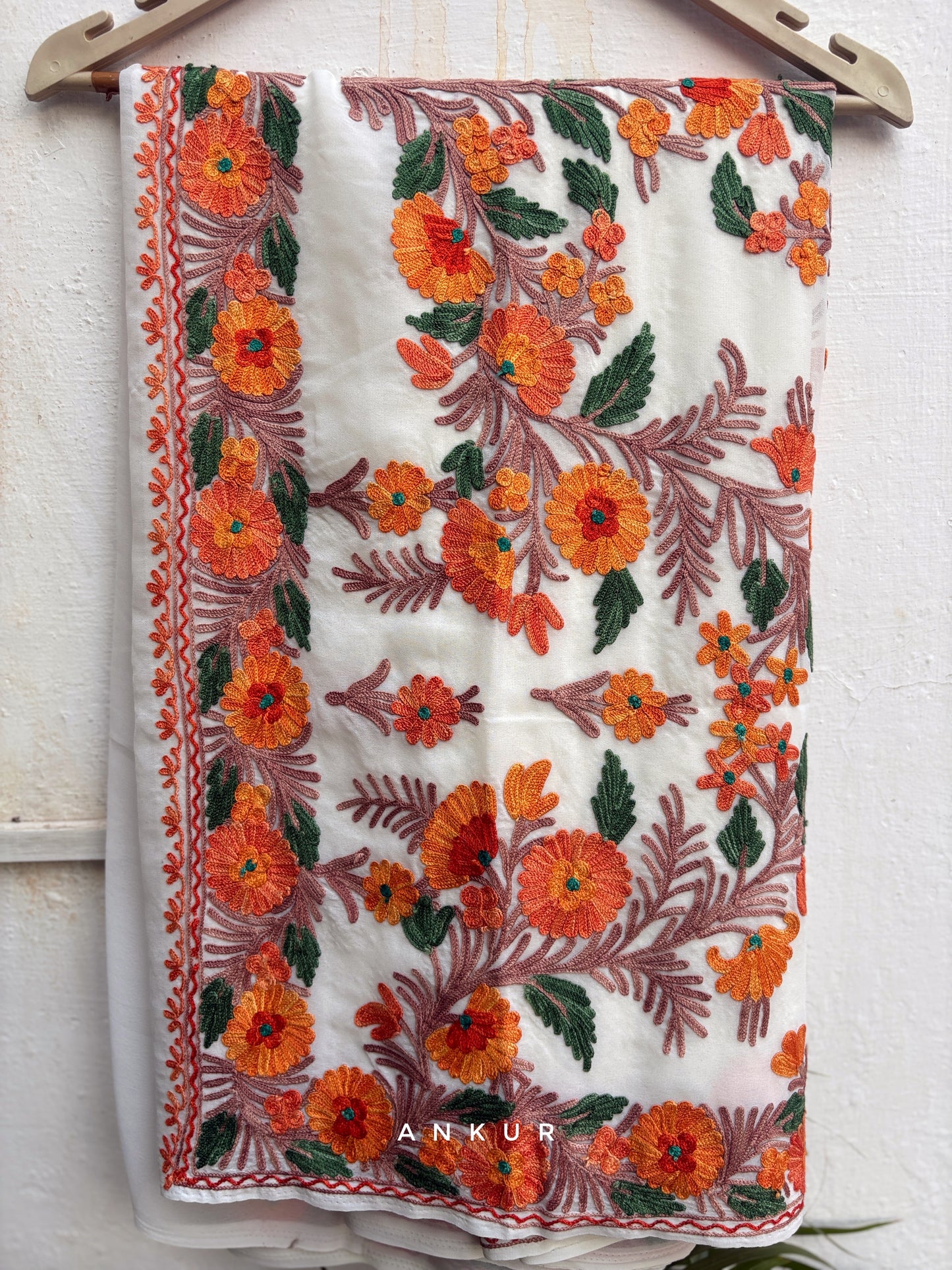 Cream Bordered Orangish brown flower Kashmiri Ari work