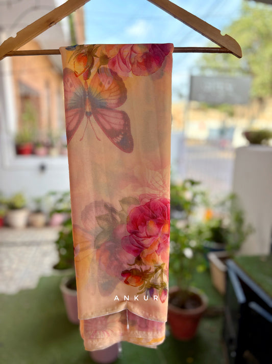 Peach Pink Butterfly Flower Print