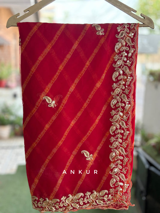 Ruby Red Lehriya Zardozi Nagina