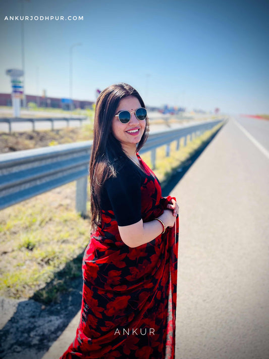 Black with big Red Flower Print