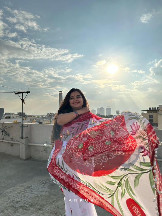 Hand Painted Red Faganiya with moti latkans