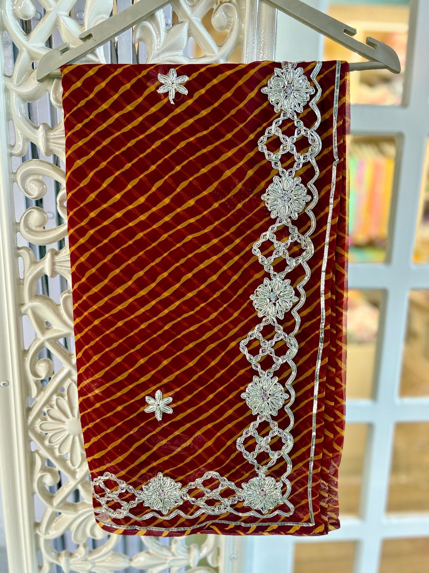 Reddish Orange Lehriya with laddu design Gota Anvi