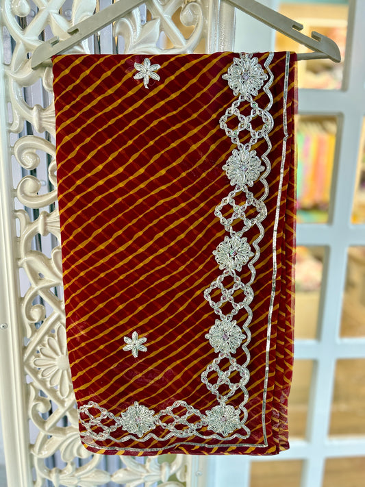 Reddish Orange Lehriya with laddu design Gota Anvi
