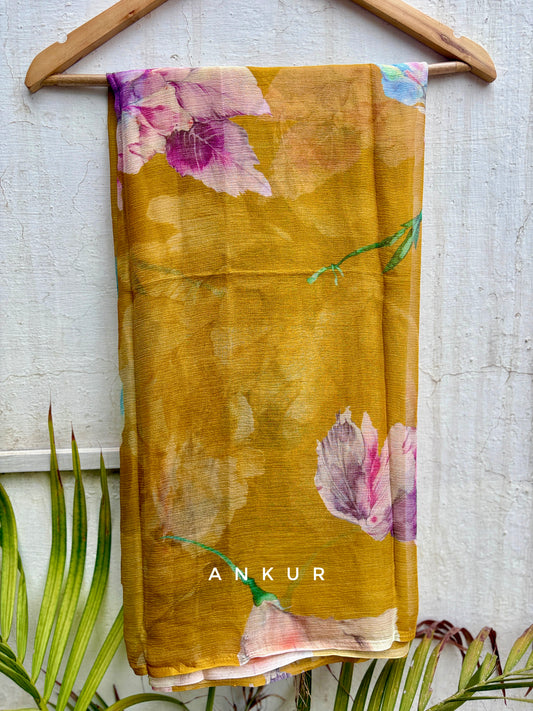 Mustard Yellow with shades of lavender leaf Isha Pure Chiffon