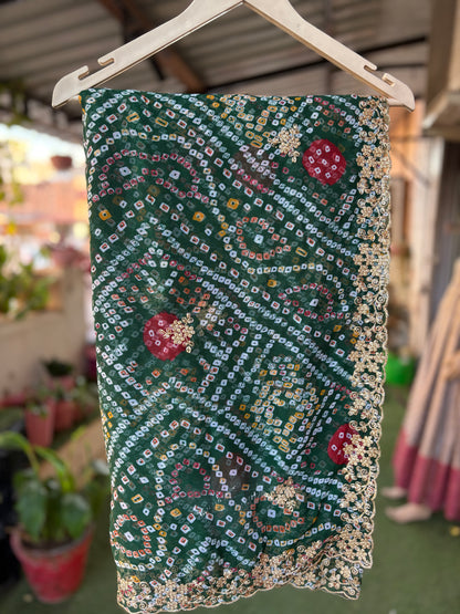 Dark Green bhandani with Cut work Zari Border