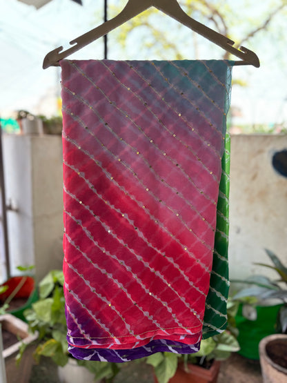 Four colour Shaded Green to wine Lehriya Zari Work