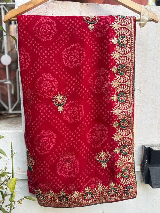 Red Bandhani Saree With Border Design