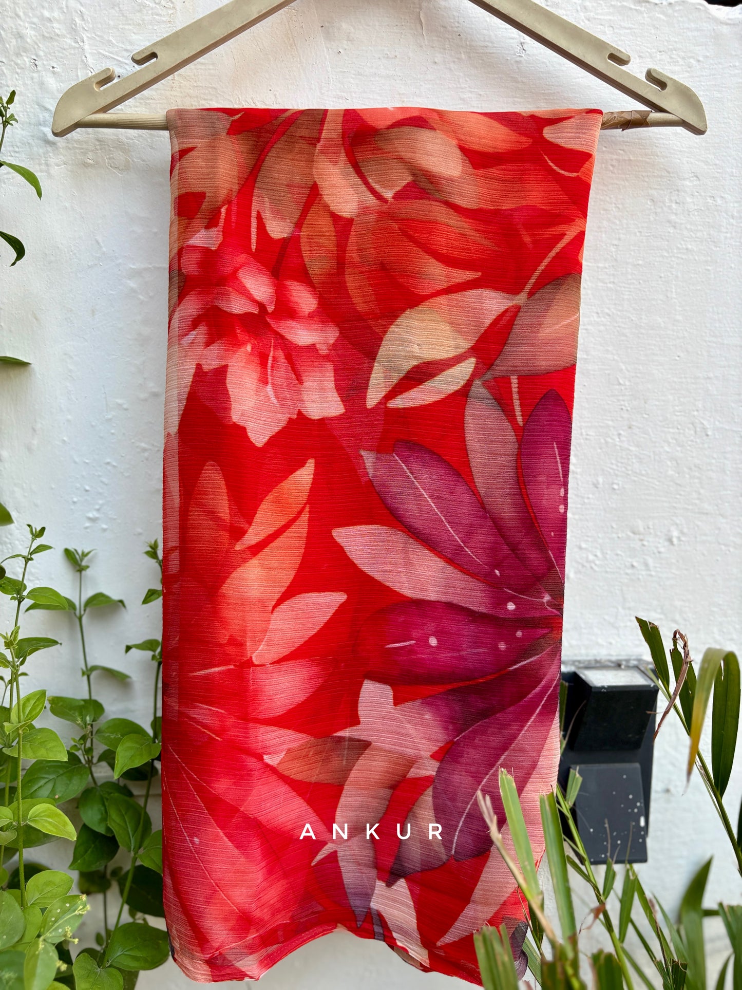 Crimson Leaf Glow Vintage Isha Chiffon