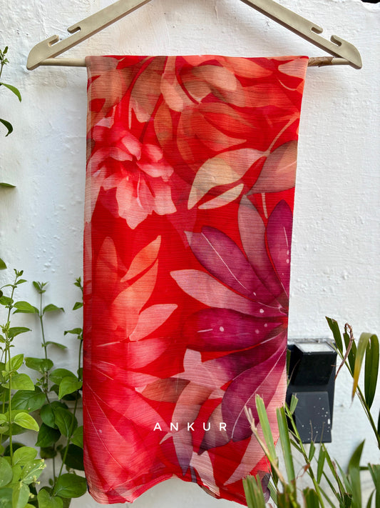 Crimson Leaf Glow Vintage Isha Chiffon