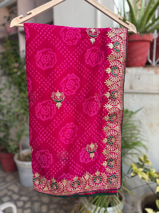 Rani Bandhani Saree With Border Design