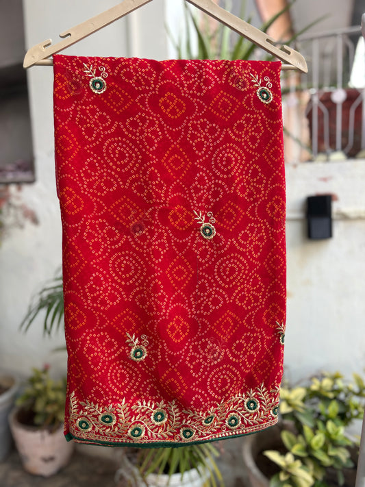 Red Bandhani Saree With Border Design