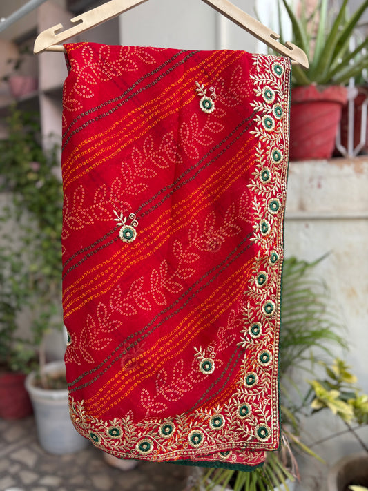 Red Bandhani Saree With Border Design