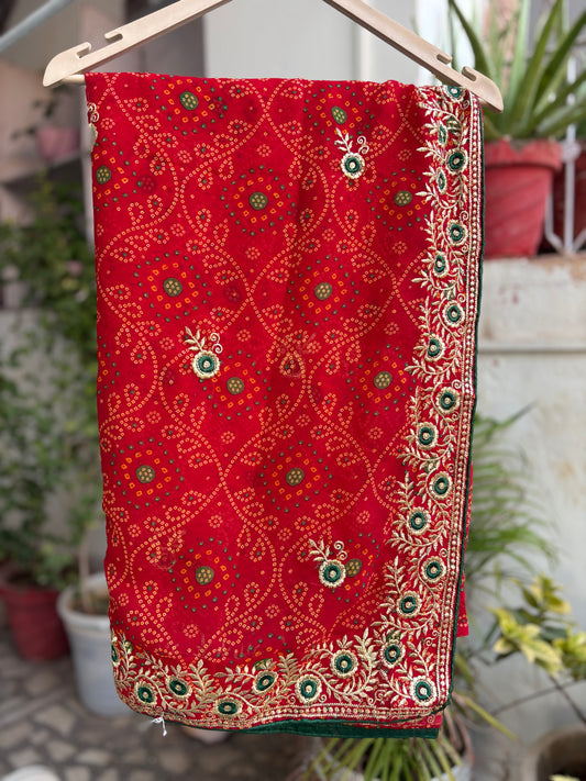 Red Bandhani Saree With Border Design