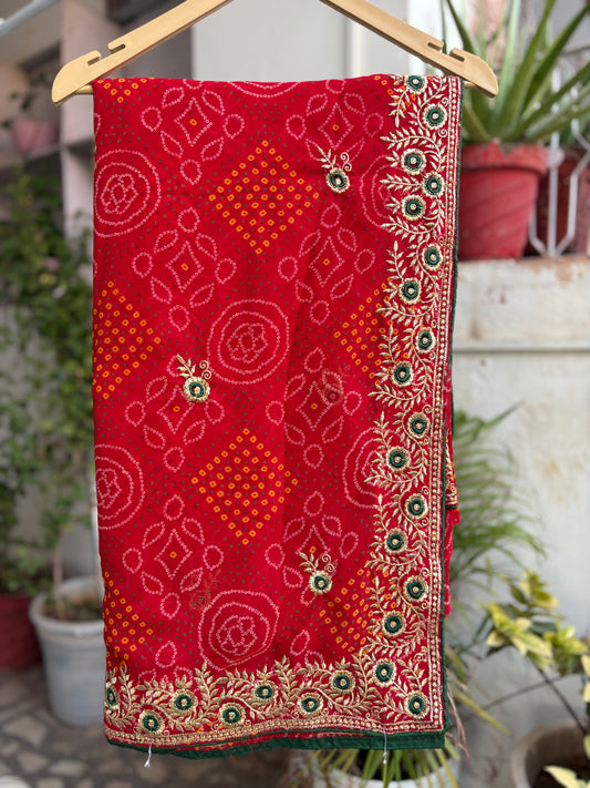 Red Bandhani Saree With Border Design