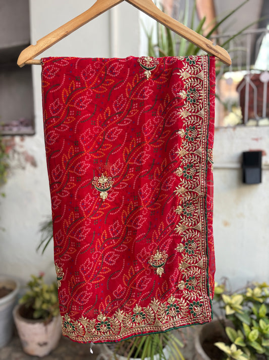 Red Bandhani Saree With Border Design