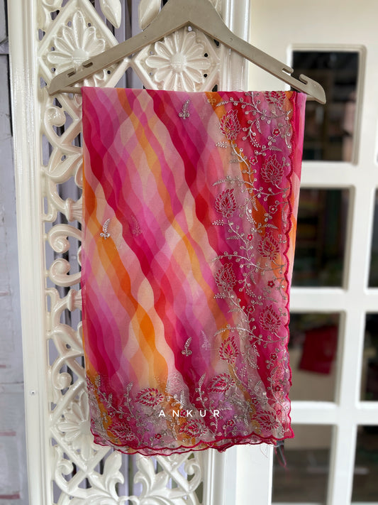 Rani Yellow Orange sunset with double Lehriya Zardozi Nagina  yu