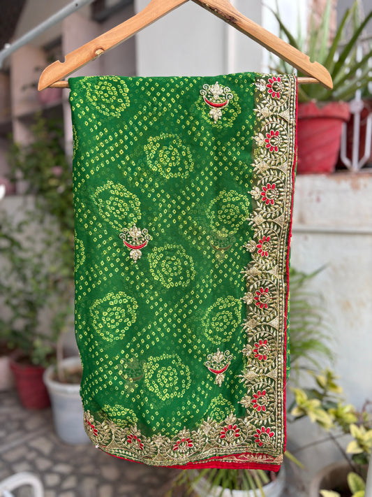 Green Bandhani Saree With Border Design