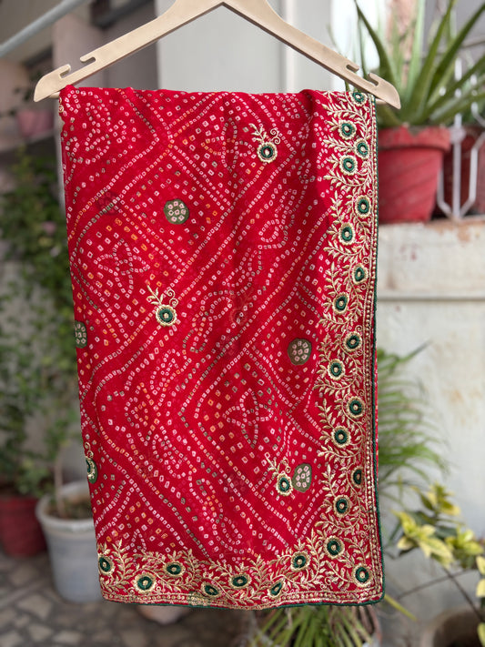 Red Bandhani Saree With Border Design