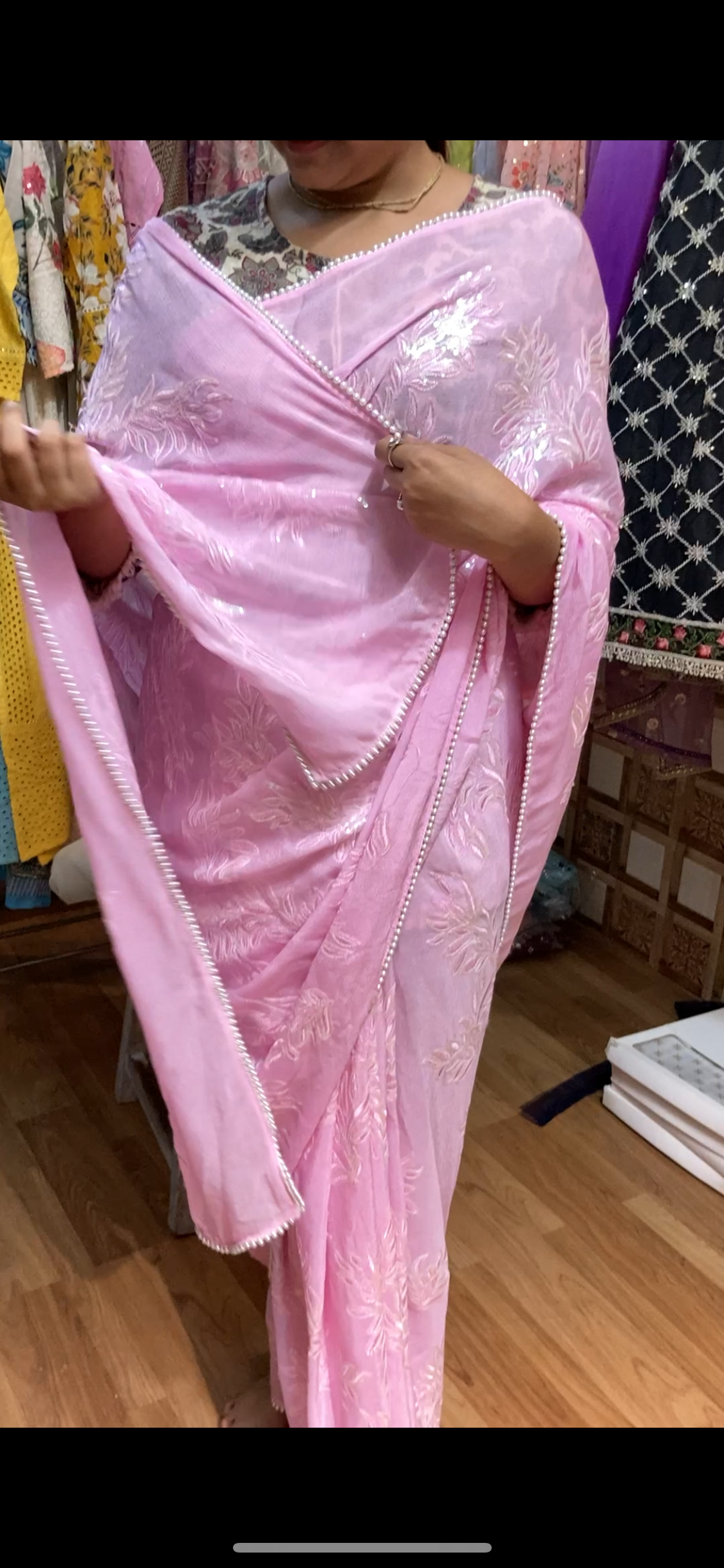 Pink based Chinon Sequins Premium Saree